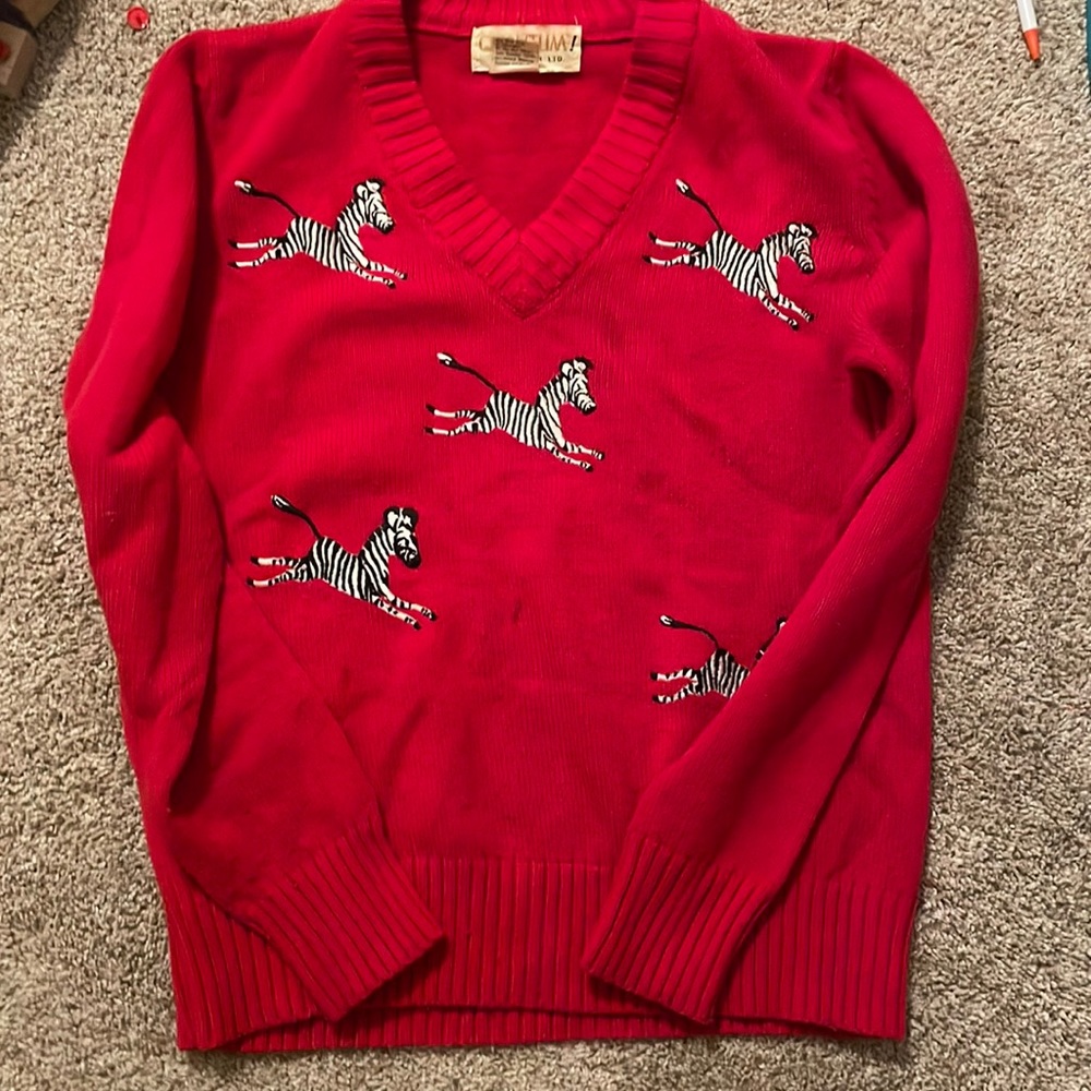Vintage red v neck zebra patterned sweater
